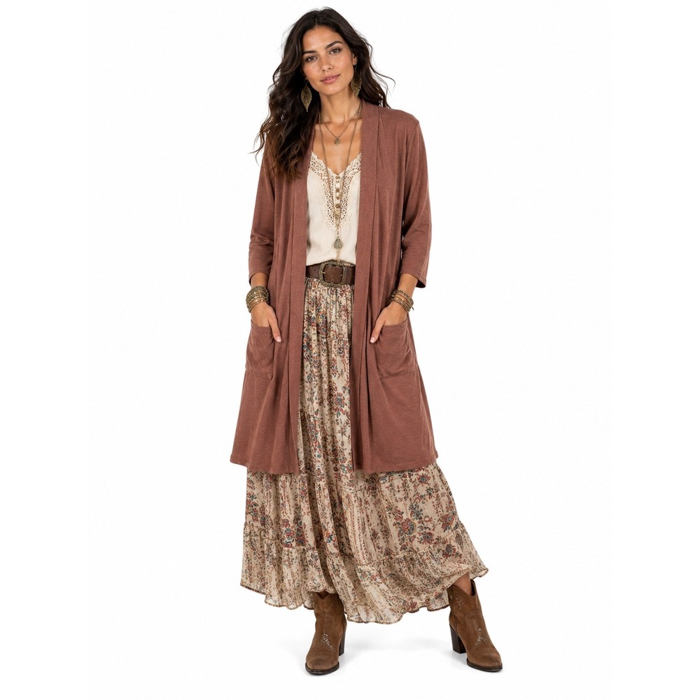 Zenana 1X Brown Open Front Duster Cardigan Pockets Coastal Grandma Capsule